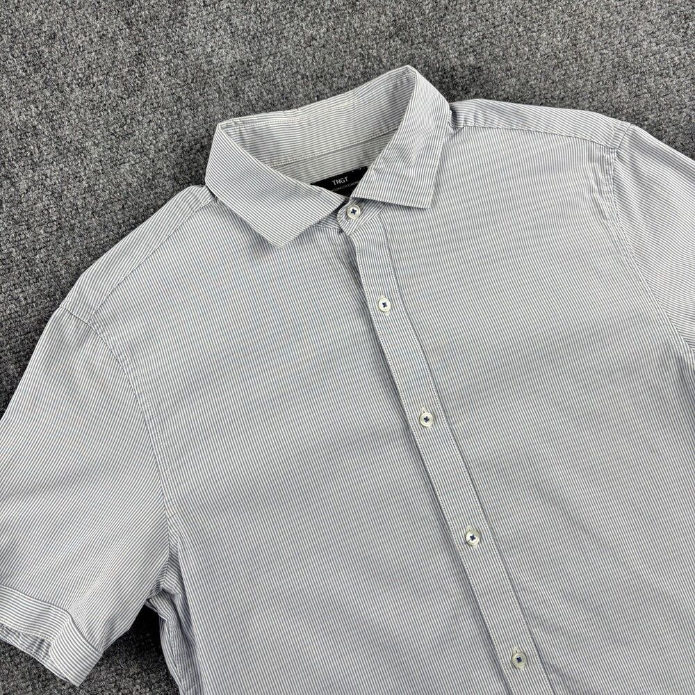TNGT Shirt Mens M White Blue Stripe Short Sleeve Button Up 100